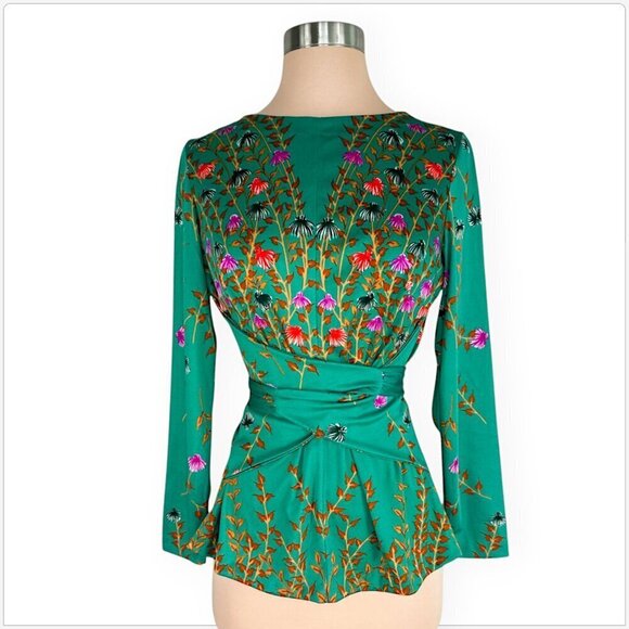 Travona Italy Vintage Green Colorful Floral Wrap Tie Waist Top Blouse Retro 44 - Picture 2 of 5